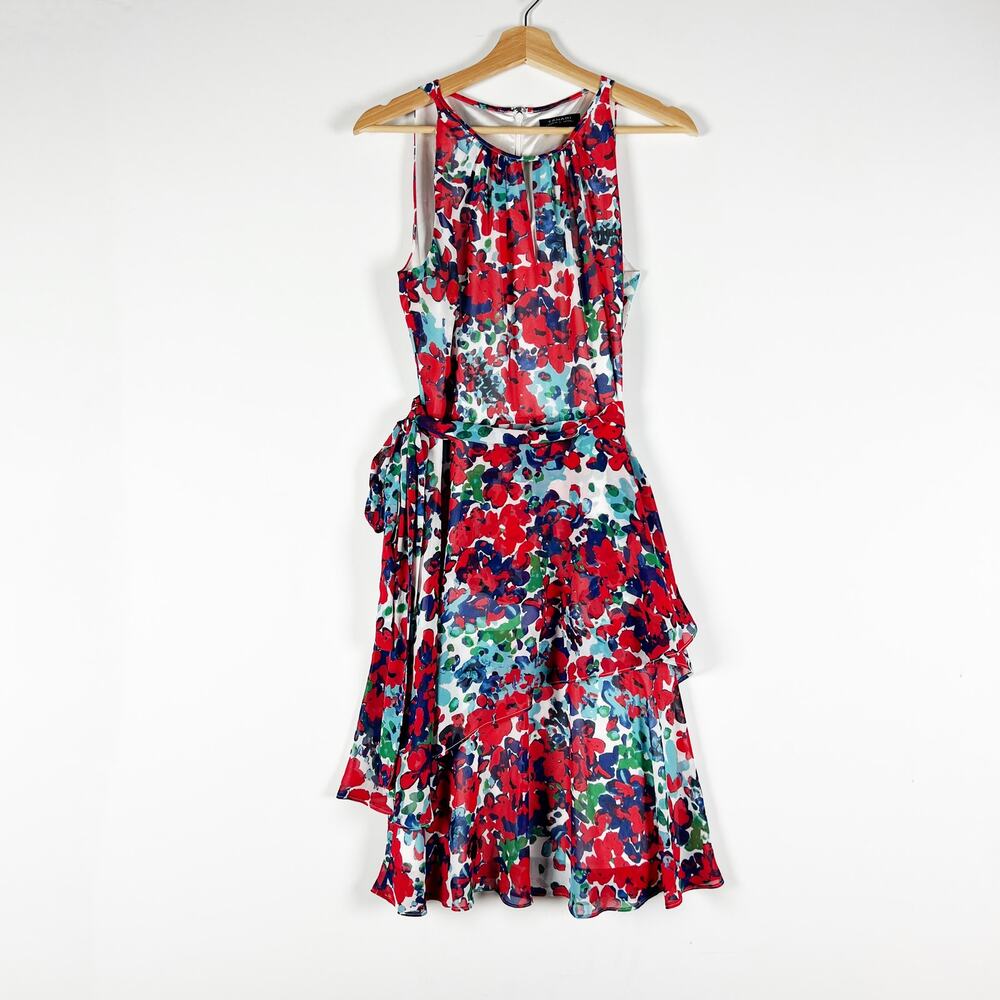 Tahari red blue green white floral dress size 8
